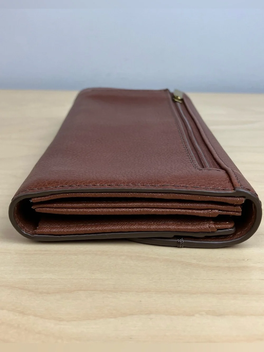 Fossil Cleo Clutch Wallet Card Holder Brown Leather Zipper Pockets Snap Closure